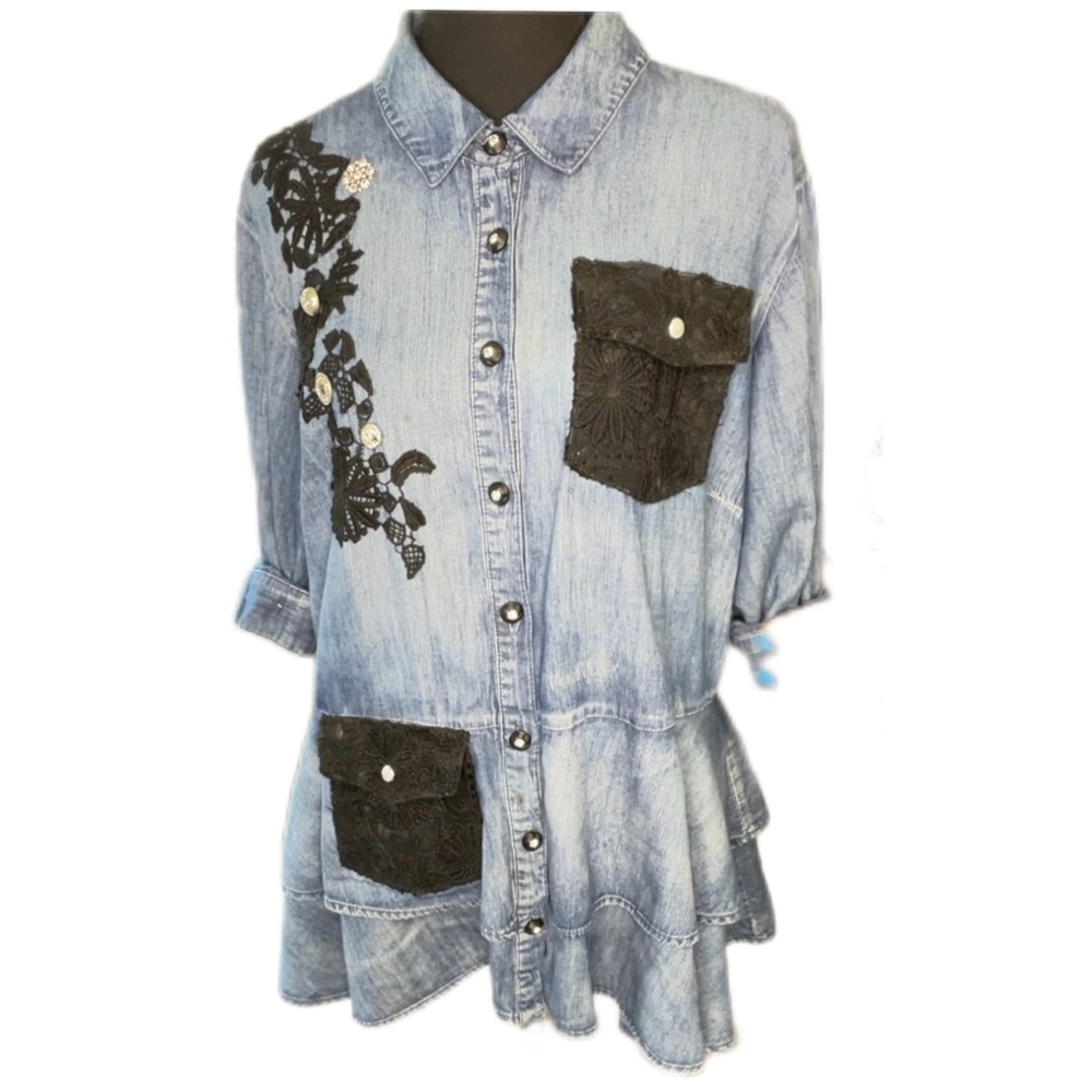 Ashley Stewart 1 of 1 denim button up top 2 tier drop waist high low hem SZ 14
